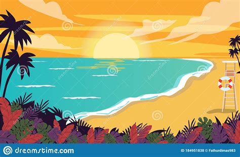 Landscape Sunset On Beach In Summer Stock Vector Illustration Of