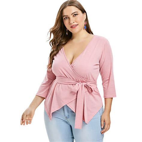 Wipalo Plus Size 5xl Low Cut Top Three Quarter Plunging Neck Overlap Tie Belt T Shirts 2018 New