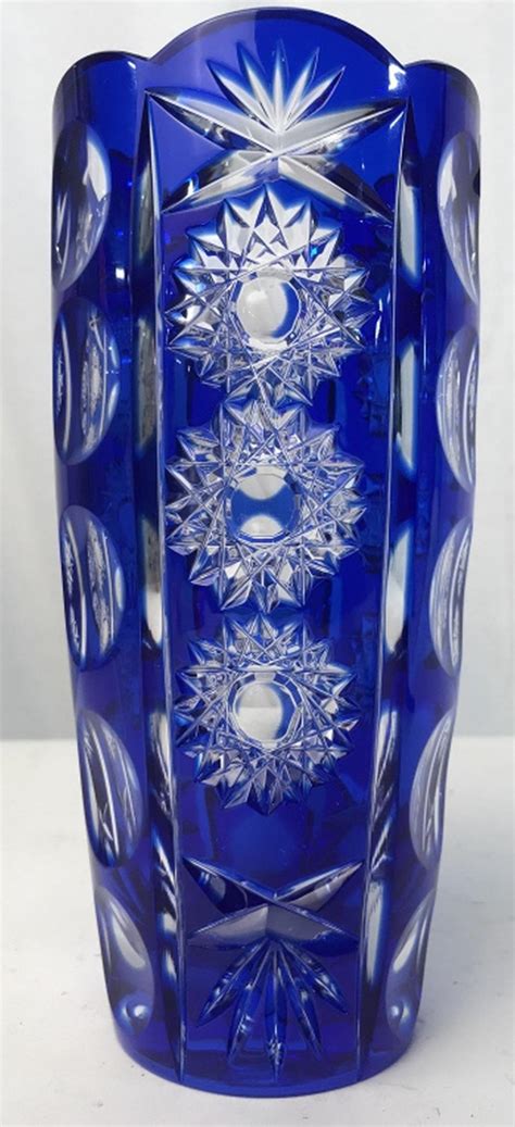 Lot Cobalt Blue Cut To Clear Crystal Art Glass Vase