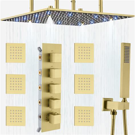 Brushed Gold Rain Shower System Katais 16 Inch Led Ceiling Luxury Thermostatic Shower System