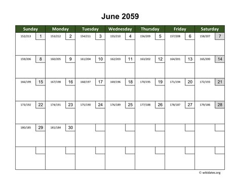 June 2059 Calendar With Day Numbers