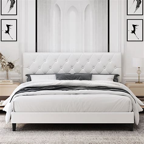 Homfa King Bed Frame White Faux Leather Upholstered Button Tufted Low