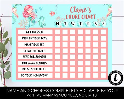 Mermaid Chore Chart Editable Kids Chore Chart Reward Chart For | Etsy | Chore chart, Chores for 