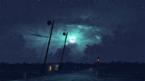 Wallpaper Digital Art Night Moon Sky Clouds Car Landscape