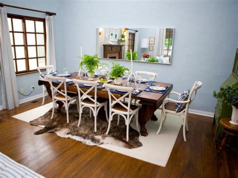 Searching for custom rustic living room furniture in dallas, texas? Eclectic Blue-Gray Dining Room with Animal Print Rug | HGTV