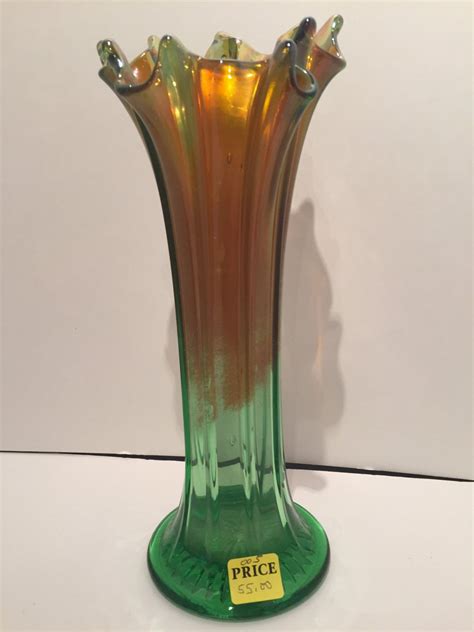 Vintage Northwood Green And Marigold Wide Ribbed Carnival Glass Vase Carnival Glass Glass
