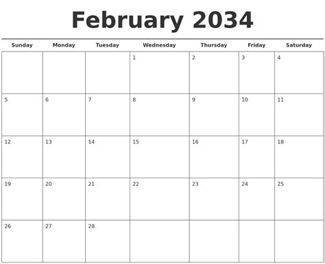 February 2034 Free Calendar Template