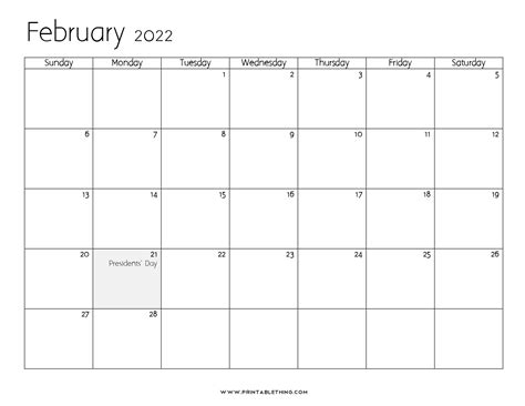 20 February 2022 Calendar Printable Pdf Us Holidays Blank Free