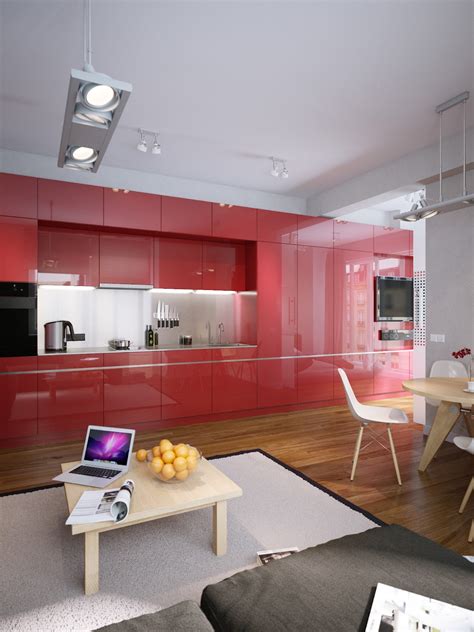 Modern Apartment Design With Beautiful Red Kitchen Set Roohome