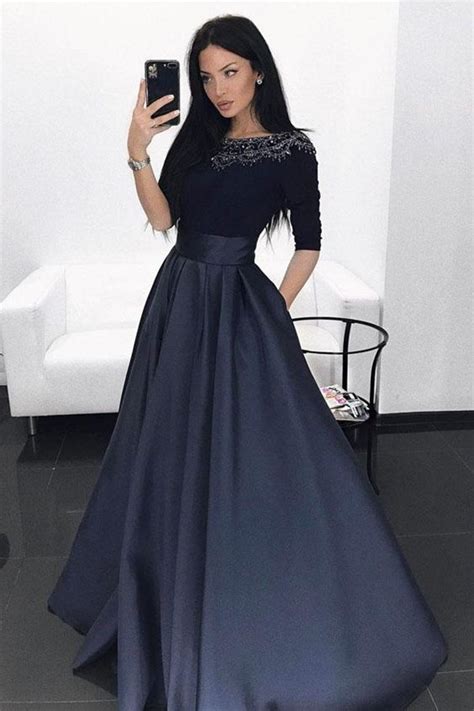 a line bateau half sleeves dark blue prom dress with beading pockets pfp1477 prom dresses long