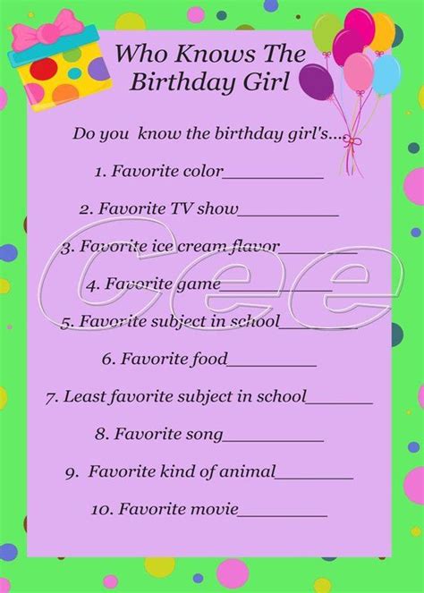 Who Knows The Birthday Girl Instant Download Party Game Etsy Tween