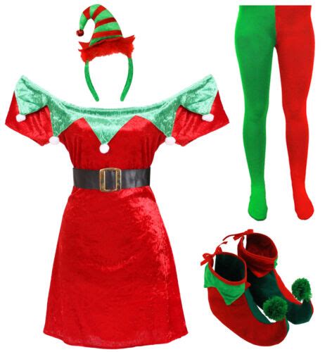 Ladies Sexy Velour Elf Skater Dress Christmas Santas Little Helper Fancy Dress Ebay