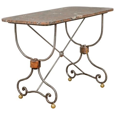 French 1900s Steel And Brass Console Table With Variegated Marble Top