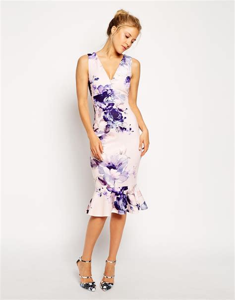 Lyst Asos Summer Floral Pephem Pencil Dress In Purple