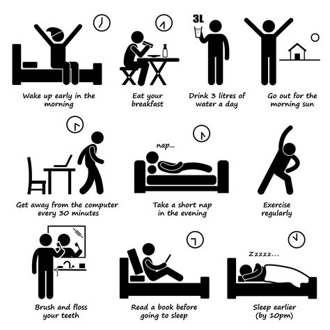 Healthy Lifestyles Daily Routine Tips Stick Figure Pictogram Icons How