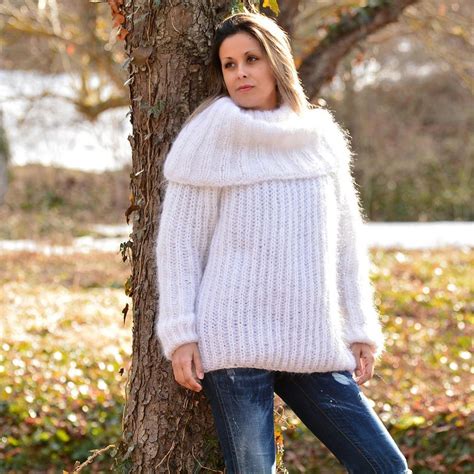 Hand Knitted Mohair Sweater White Cowl Neck Fuzzy Jumper Turtleneck Pullover Jersey By