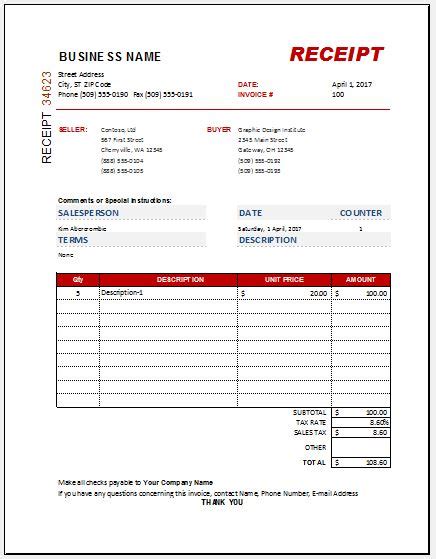 Receipt To Excel Sample Templates