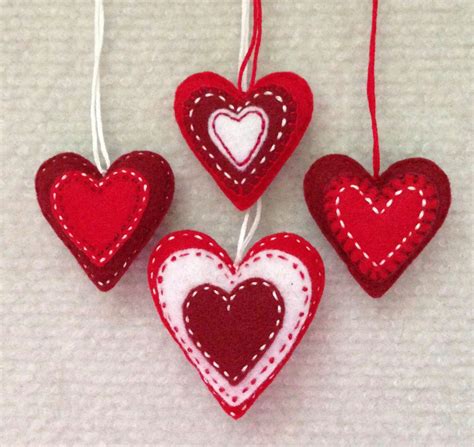 Valentine Heart Ornaments Red And White Felt Hearts Set Of Four By