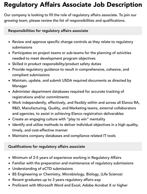 Regulatory Affairs Associate Job Description Velvet Jobs