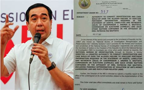 Doj Orders Probe Against Comelec Chairman Andres Bautista For Alleged