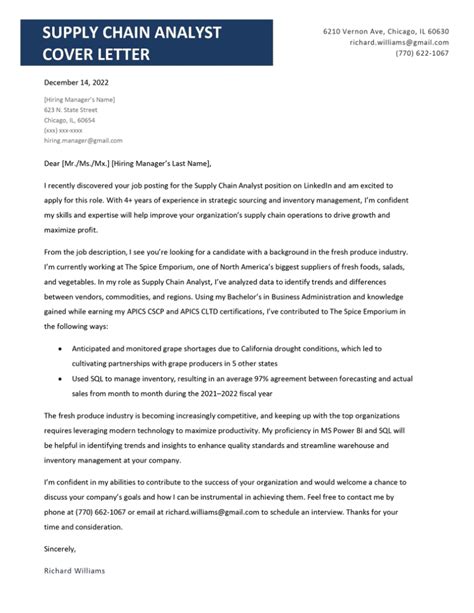 Supply Chain Analyst Cover Letter Example Free Template