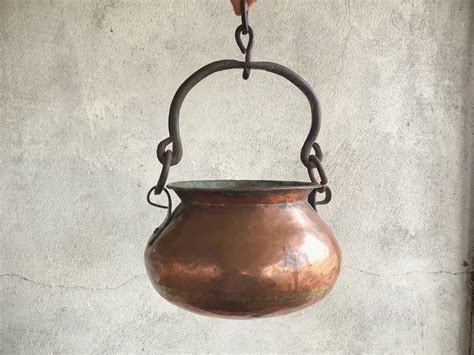 Vintage Copper Cauldron With Cast Iron Handle Rustic Planter Witchs