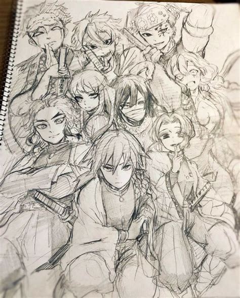 A Drawing Of Some Anime Characters On A Sheet Of Paper With Pencils In