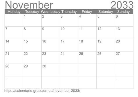 Calendar November 2033 From United States Of America In English ☑️