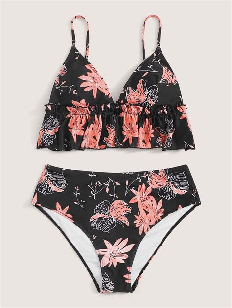 Floral Ruffle Cami Top Swimsuit With High Waist Bikini Bottom Bikinis