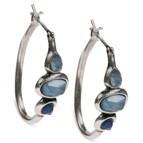 Lucky Brand Silvertone Denim Blue Three Stone Hoop Earrings In Blue No