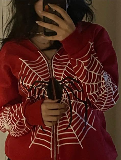 Spider Web Red Hoodie Sweatshirt Zipper Warm Harajuku Punk Grunge Y2k