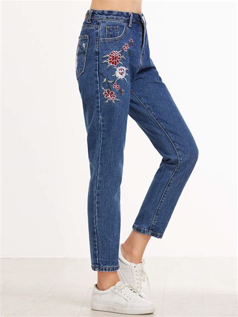 Embroidering the flowers is highly common, and you can quickly embroider flowers on your fashion wear for an instant decorative appeal. Dark Blue Flower Embroidered Straight Leg Jeans | ROMWE