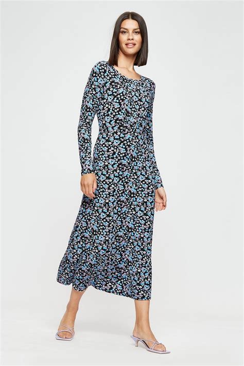 Blue Floral Long Sleeve Empire Midi Dress Dorothy Perkins Uk
