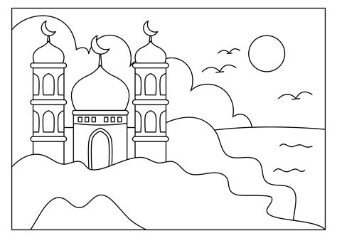 Gambar Mewarnai Masjid Dengan Burung Di Langit Bustanulathfalschid