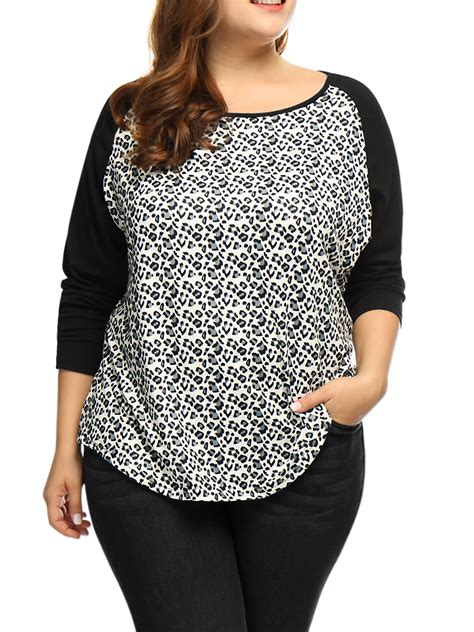 Unique Bargains Womens Plus Size Leopard Print Scoop Neck Raglan T