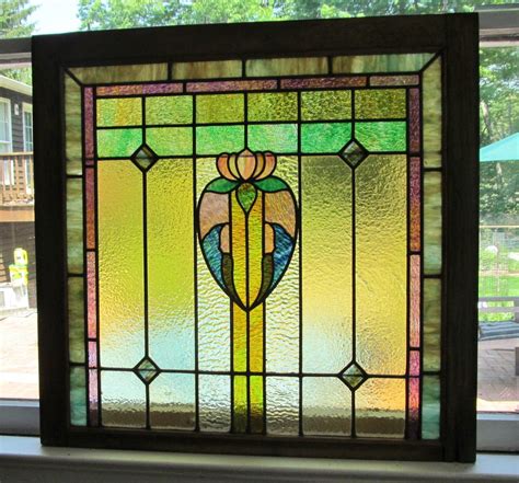 Pair 2 Stained Glass Window C 1910 Oak Frame Leaded Glass From Glassloversgallery On Ruby Lane