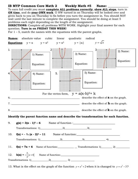 Transformations Of Functions Worksheet