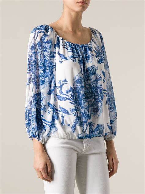 Alice Olivia Floral Print Blouse In White Blue Lyst