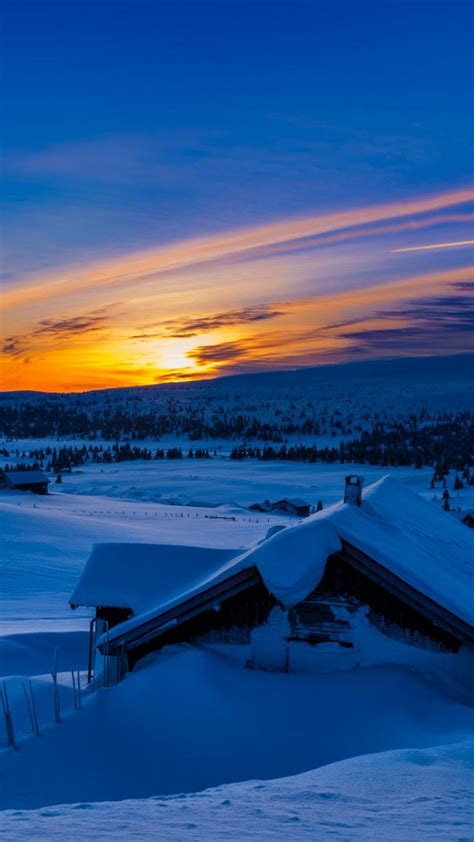 Beautiful Sunset Winter Chalet Snow Iphone 6 Plus Hd
