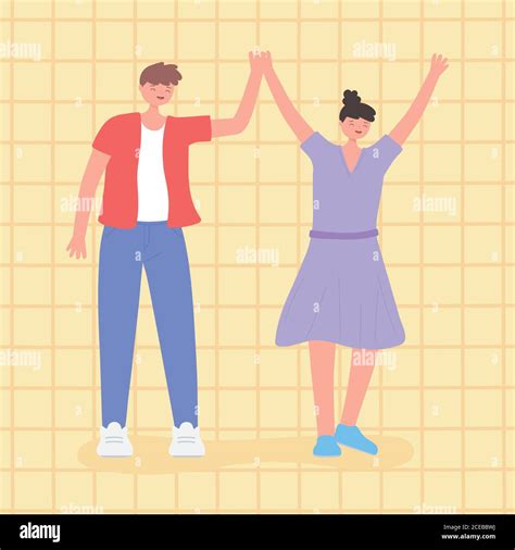 People Together Man And Woman Hands Up United Male And Female Cartoon Characters Vector