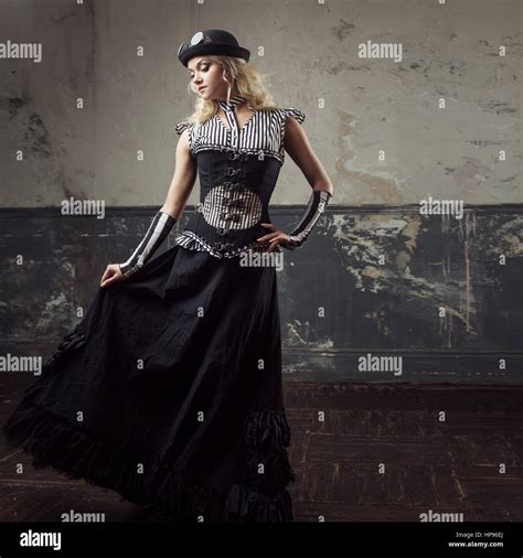 Portrait Of A Steampunk Woman Over Grunge Background Beautiful Lady In A Victorian Style Stock