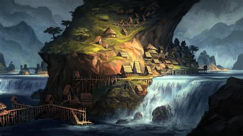 Artwork Fantasy Art Village Villages House Waterfall