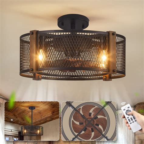 SADENICEL Farmhouse Low Profile Caged Ceiling Fan with Lights Remote