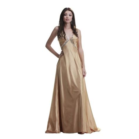 Sexy V Neck Empire Waist Open Back Long Gold Silk Beaded Prom Dress