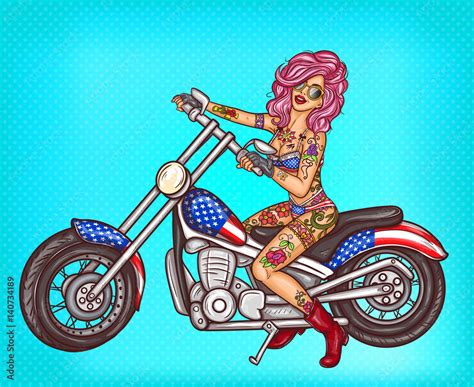 Vector Pop Art Pin Up Illustration Of A Sexy Biker Girl In Bikini And Sunglasses Sitting On A