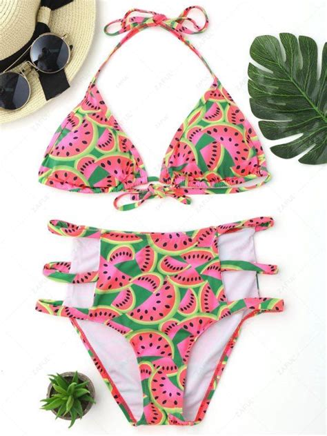 [16 off] 2021 watermelon print cutout high waisted bikini set in colormix zaful