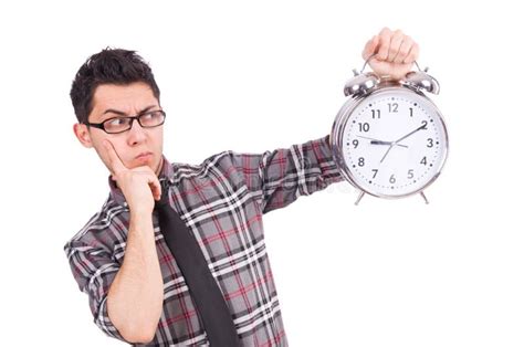 Man With Clock Trying To Meet The Deadline Isolated Stock Photo Image