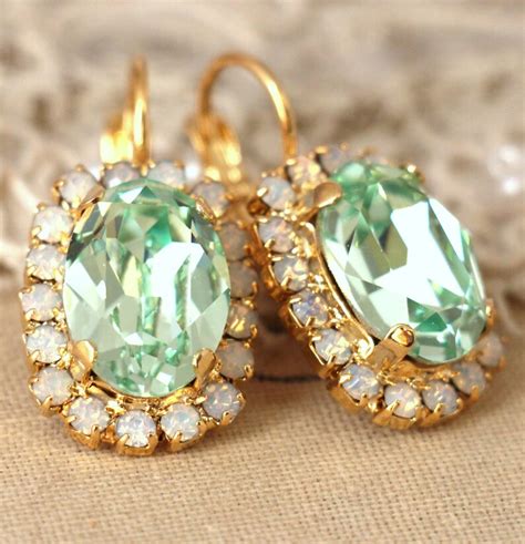 Mint Green Drop Earrings Swarovski Mint Earrings White Opal Etsy