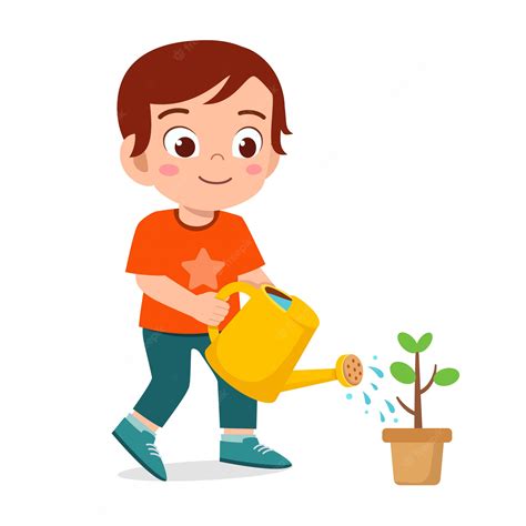 Premium Vector Happy Cute Little Kid Boy Watering Flower Illustration