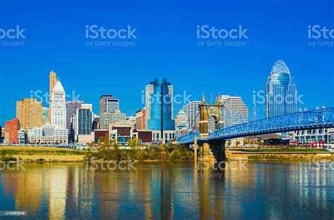 Cincinnati Downtown Skyline And The John A Roebling Suspension Bridge